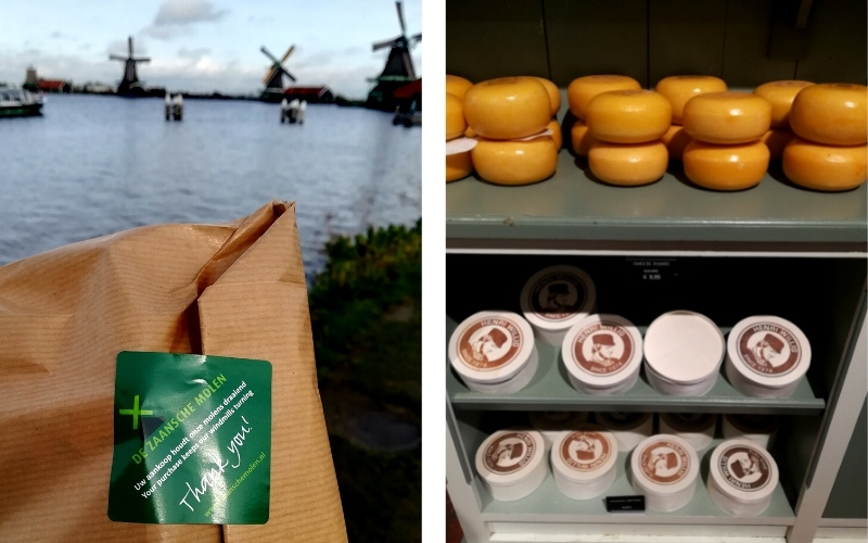 On the left, there's a paper bag with souvenirs indise and a sticker saying "thank you for your purchase". On the right, there's a shelf with local cheese on sale. Consider supporting the locals every time you travel locally.